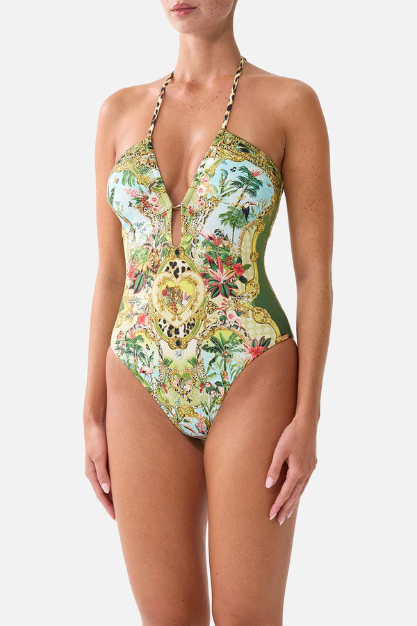 Camilla Halter Neck One-Piece Swimsuit in Wanderlust Empire detail view