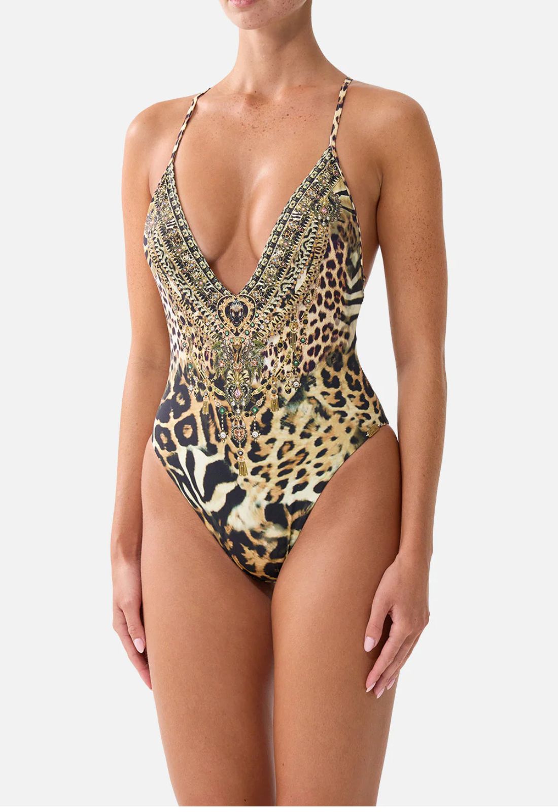 Camilla Padded V-Neck One Piece with Cross Back in Leotigra