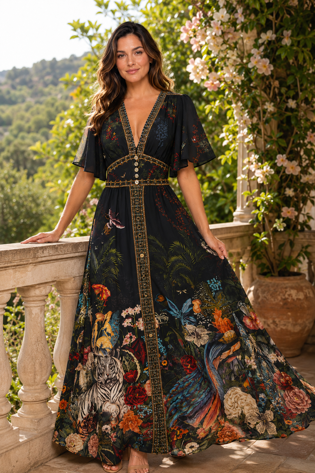 Camilla Shaped Waistband Dress in Palace Zoology