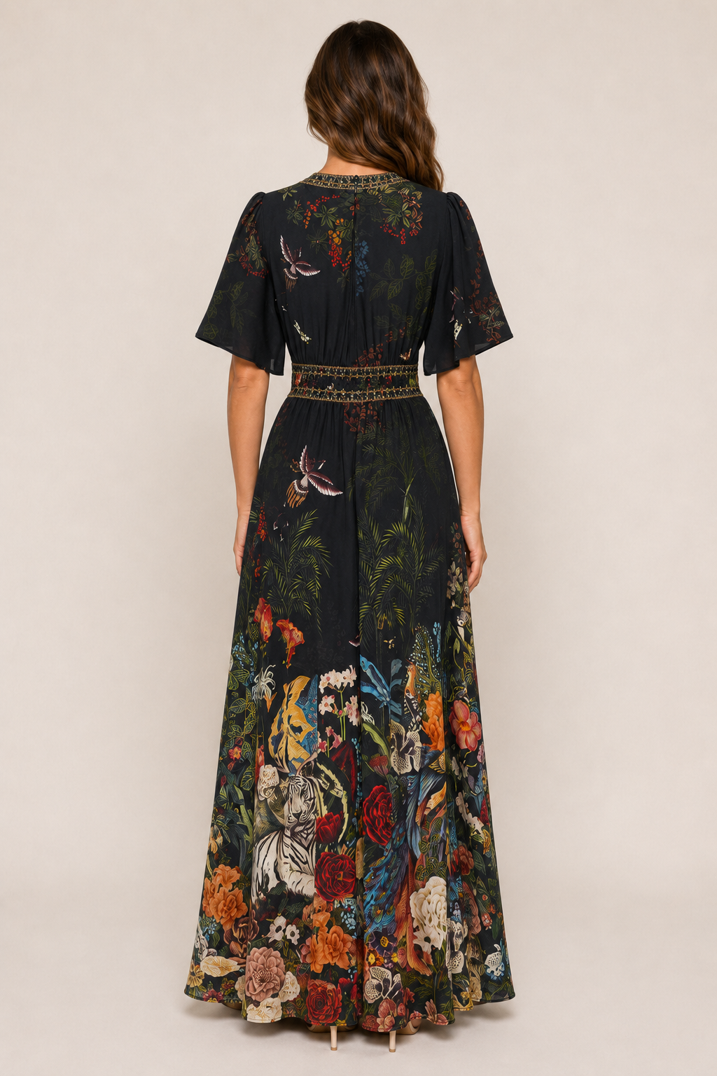Camilla Shaped Waistband Dress in Palace Zoology back view