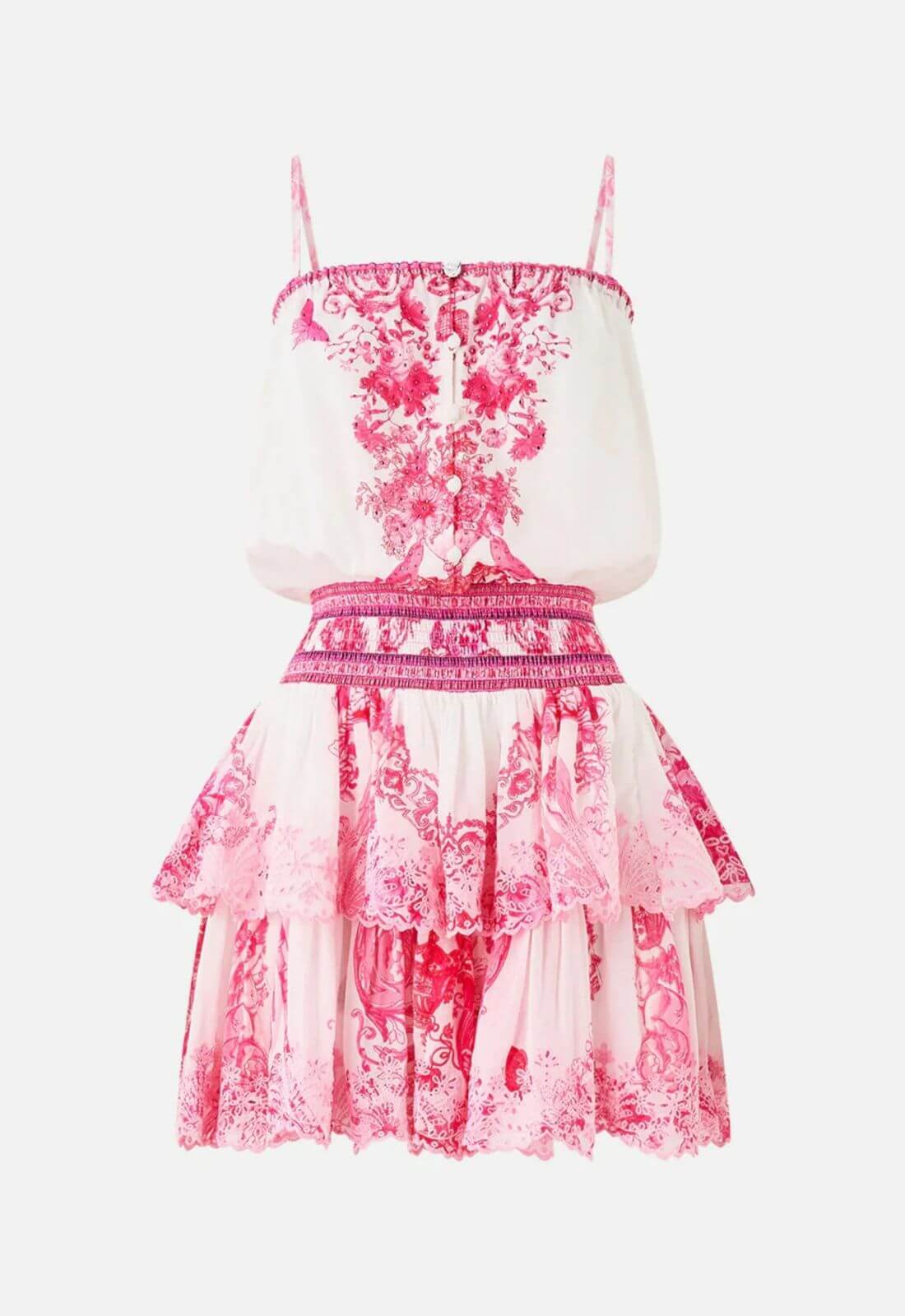 Camilla Shirred Waist Mini Dress in Livin La Vida Rosa