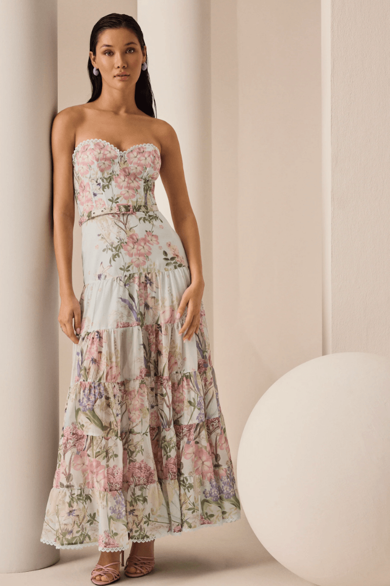 Charo Ruiz Long Dress Danny in Blue Botanic