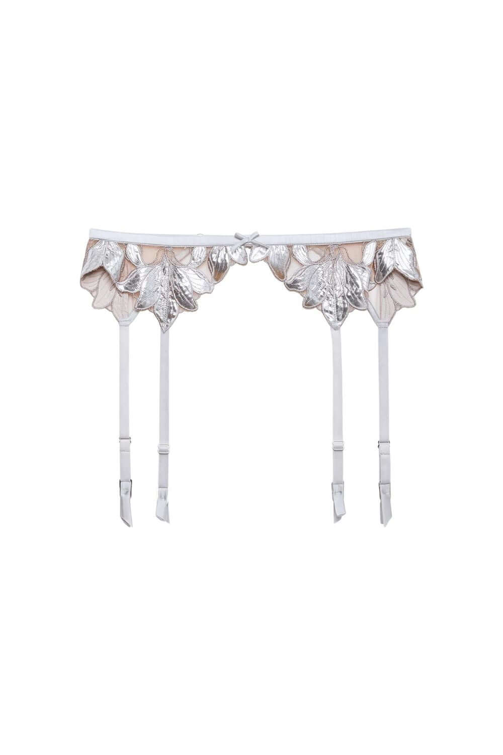 Fleur du Mal Foil Lily Embroidery Garter Belt in Platinum