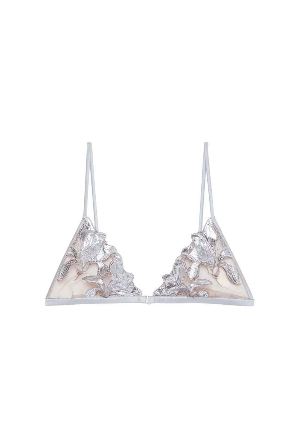 Fleur du Mal Foil Lily Embroidery Triangle Bra in Platinum