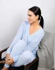 Aspen Dream Cozy V-Neck Top and Jogger Set in Ice Melt — seated model