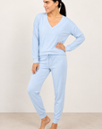 Aspen Dream Cozy V-Neck Top and Jogger Set in Ice Melt — three-quarter standing view