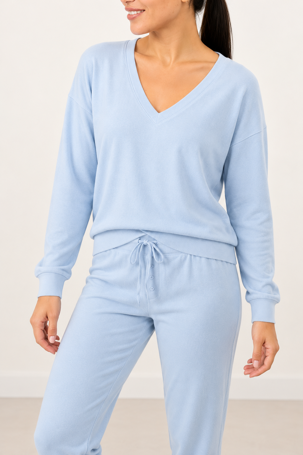 Aspen Dream Cozy V-Neck Top and Jogger Set in Ice Melt — neckline and fabric detail