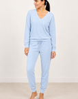 Aspen Dream Cozy V-Neck Top and Jogger Set in Ice Melt — full-length standing model