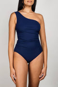 Karla Colletto Basics One Shoulder with Shelf Bra & Rouching in Navy