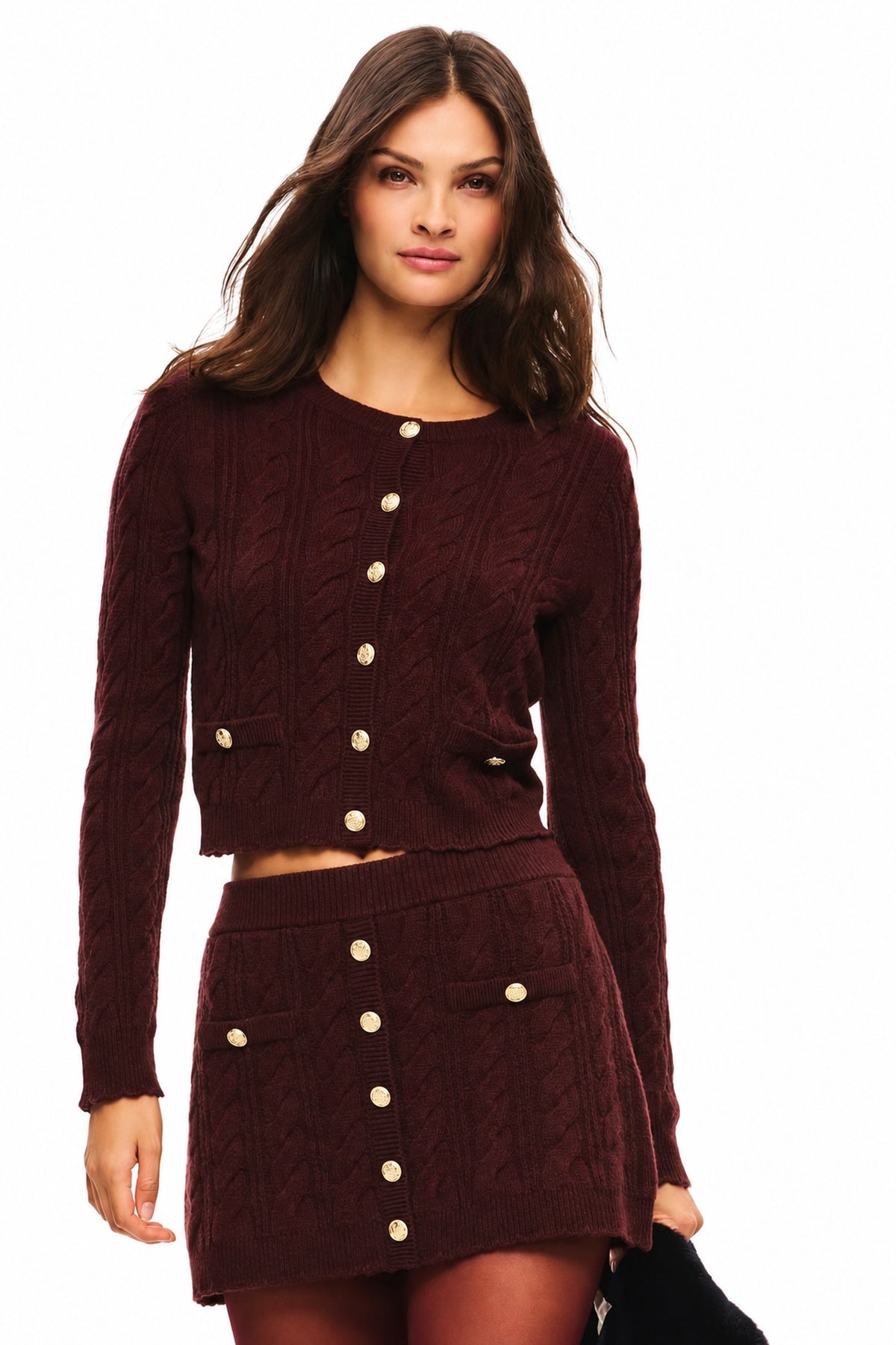 LoveShackFancy Eugenie Cardigan in cinnabar, front view on model against white background