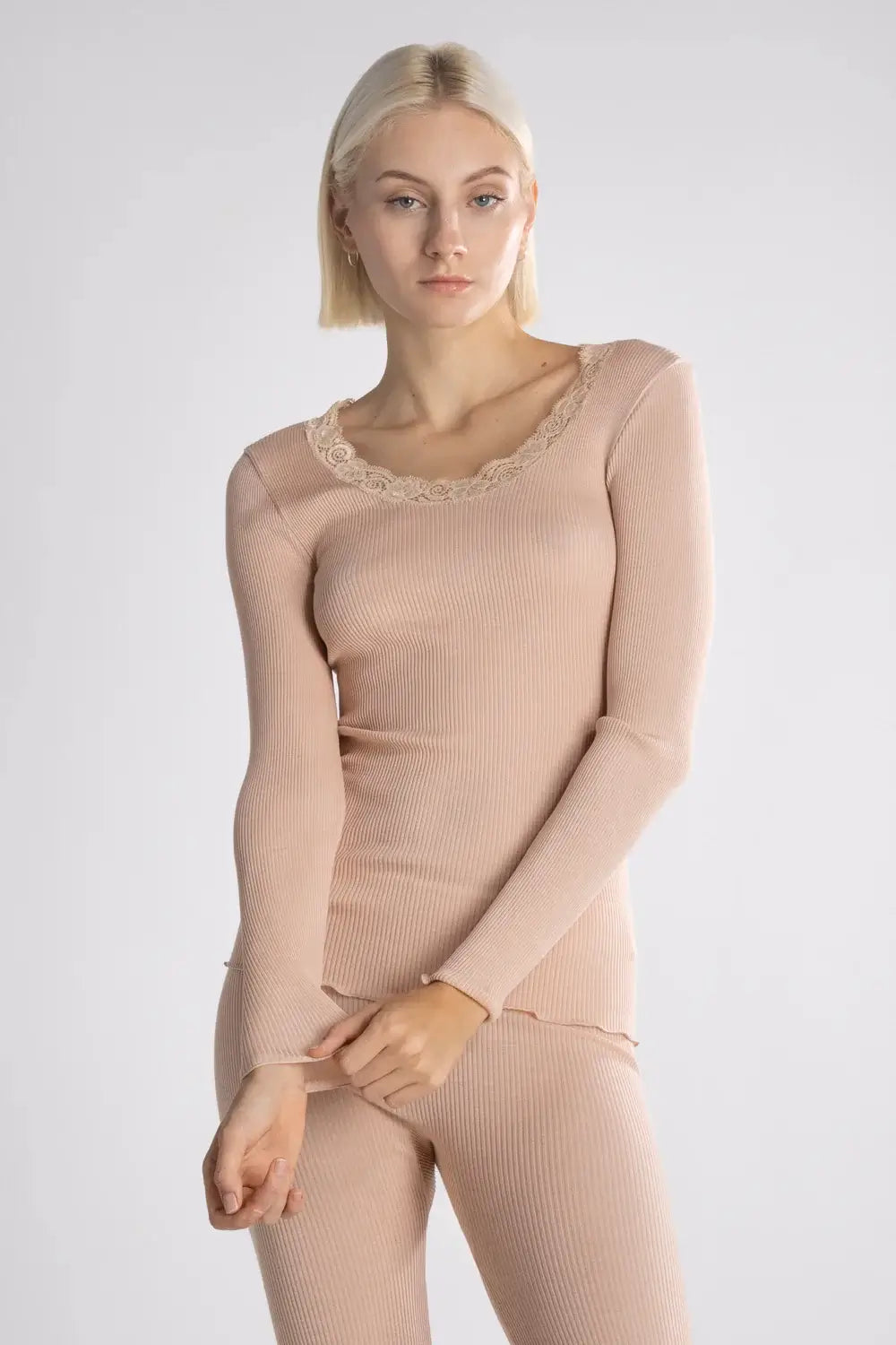 Oscalito Long Sleeve Shirt with Lace Round Neck front view