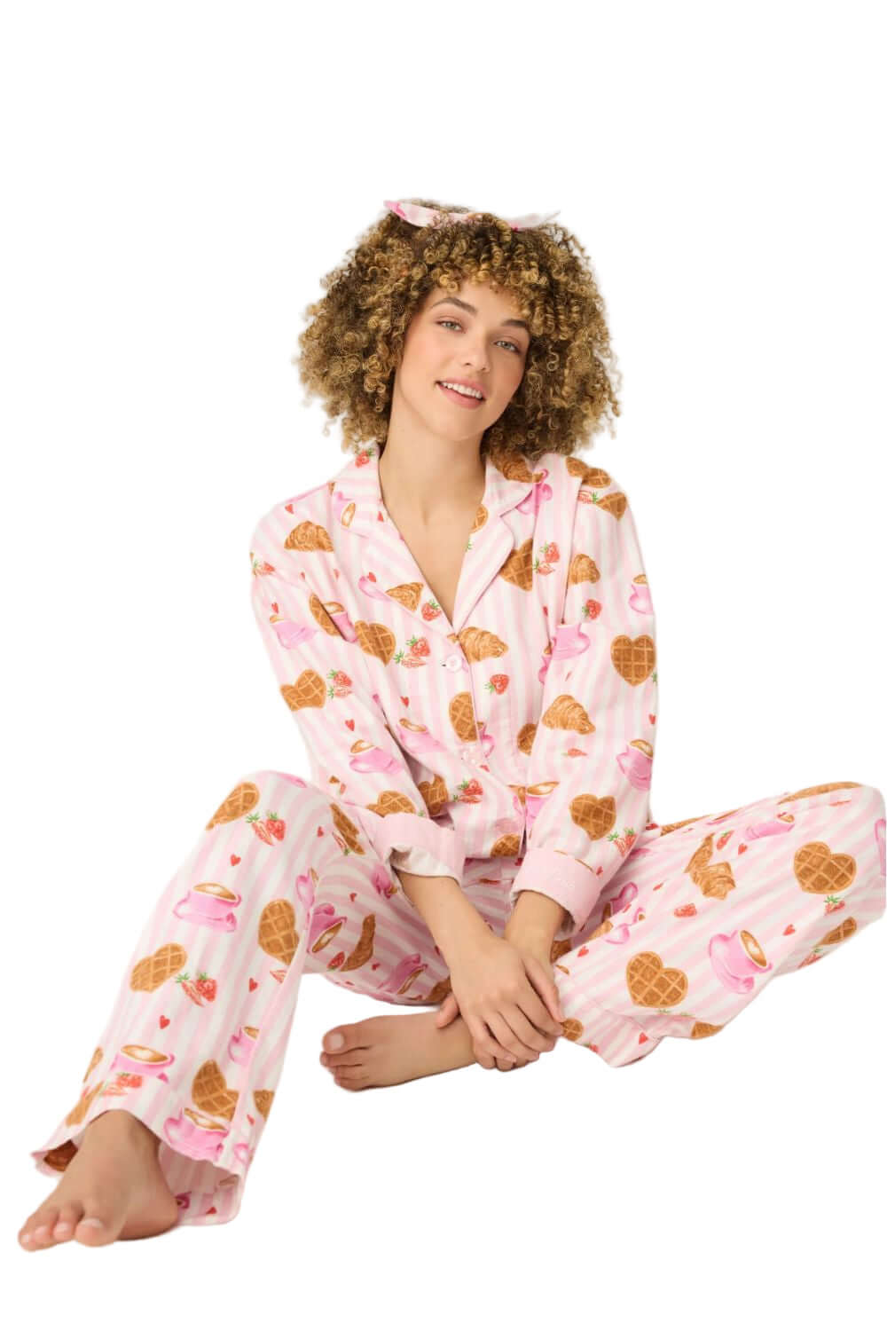 PJ Salvage Croissant Print Long Flannel PJ Set in Pink