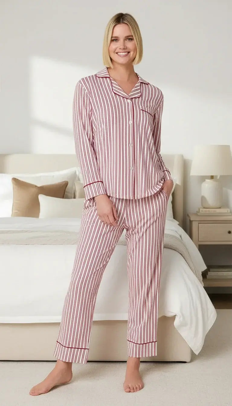 The Cat's Pajamas Holiday Stripe Pima Knit Long-Sleeved Pajama Set