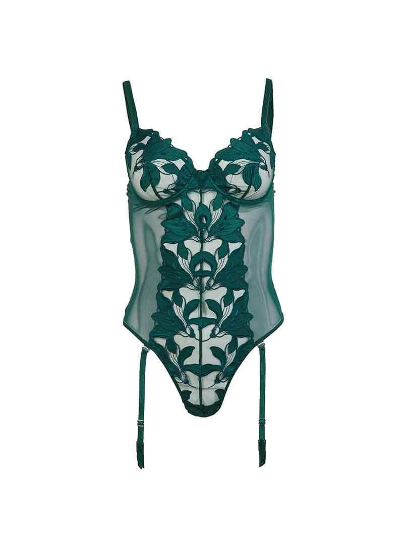 Lily Embroidery Cupped Bodysuit In Evergreen