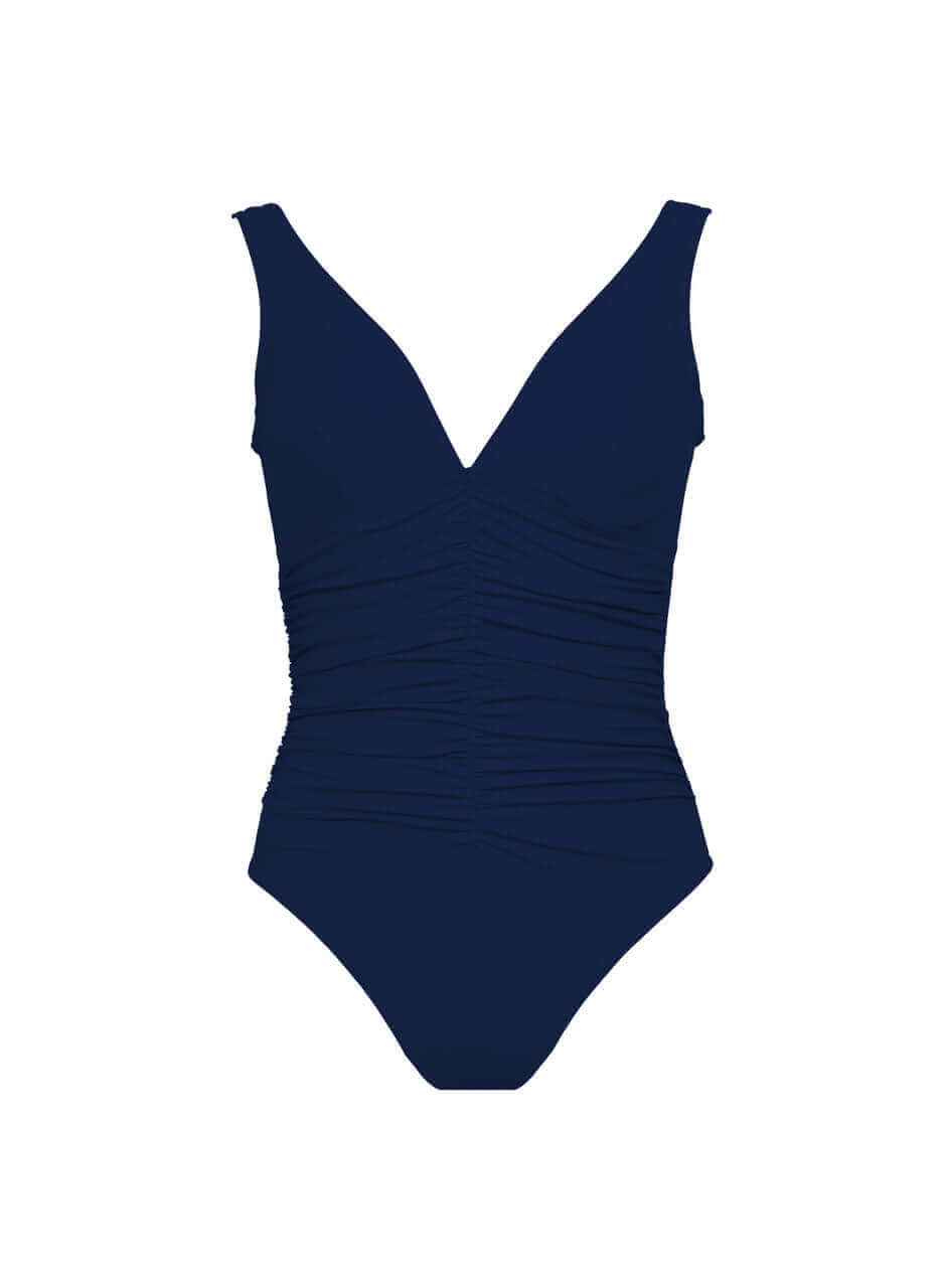 Karla Colletto Smart V-Neck One Piece Color: Navy Size: 6 at Petticoat Lane  Greenwich, CT