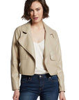 Ninon Short Leather Jacket in Beige