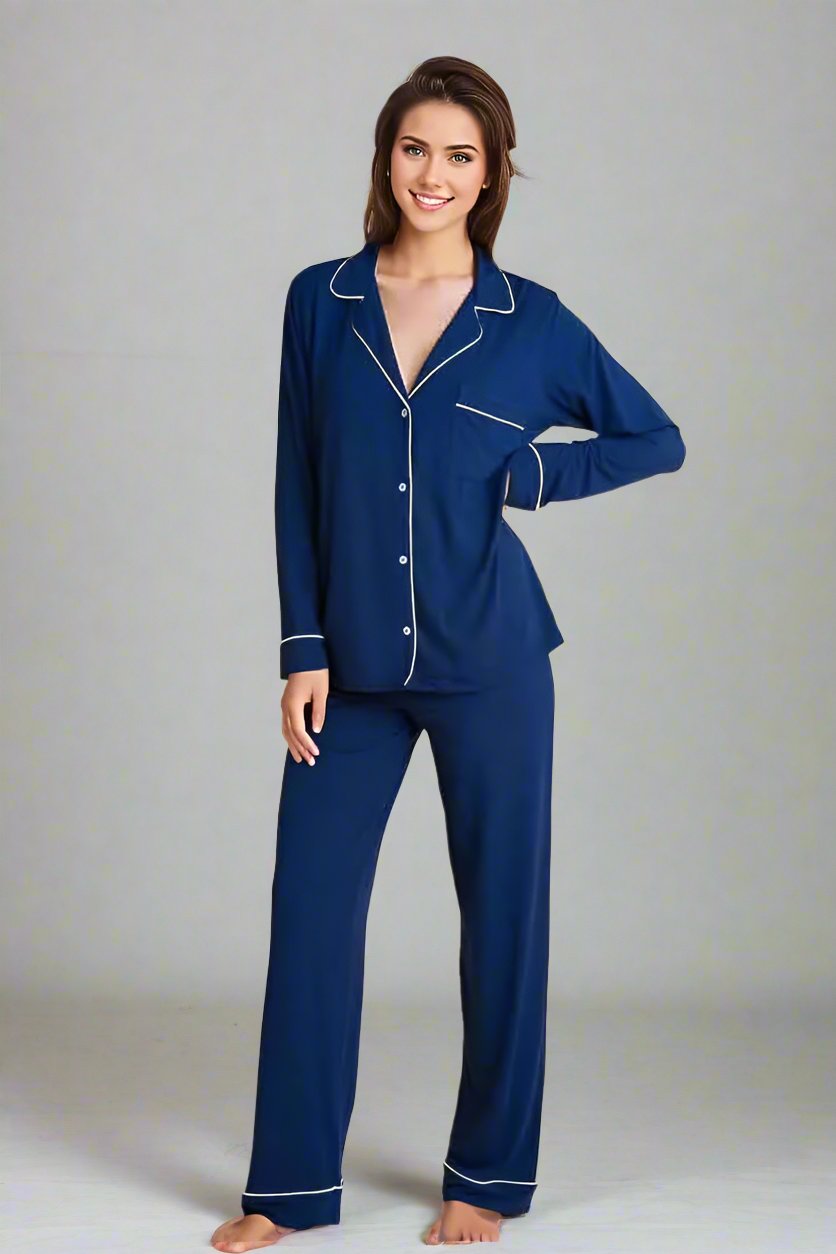 Eberjey Gisele Long PJ Set Color: Navy/Ivory, Delphinium/Ivory, Ivory/Navy, Haute Red/Bone, Charcoal Heather / Sorbet Pink, Heather Grey/Sorbet Pink, Black/Sorbet, Water Blue/White, Graphite/Sorbet, Bellini/Bright Pink, Light Orchid/Ivory, Bright Pink/Bellini, Pearl Blush/Haute Red, Willow Green/Bone, Light Lilac/Ivory, Tulip Off White/Light Lilac, Ocean Bay/Ivory Size: XS, S, M, L, XL at Petticoat Lane  Greenwich, CT