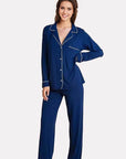 Eberjey Gisele Long PJ Set Color: Navy/Ivory, Delphinium/Ivory, Ivory/Navy, Haute Red/Bone, Charcoal Heather / Sorbet Pink, Heather Grey/Sorbet Pink, Black/Sorbet, Water Blue/White, Graphite/Sorbet, Bellini/Bright Pink, Light Orchid/Ivory, Bright Pink/Bellini, Pearl Blush/Haute Red, Willow Green/Bone, Light Lilac/Ivory, Tulip Off White/Light Lilac, Ocean Bay/Ivory Size: XS, S, M, L, XL at Petticoat Lane  Greenwich, CT
